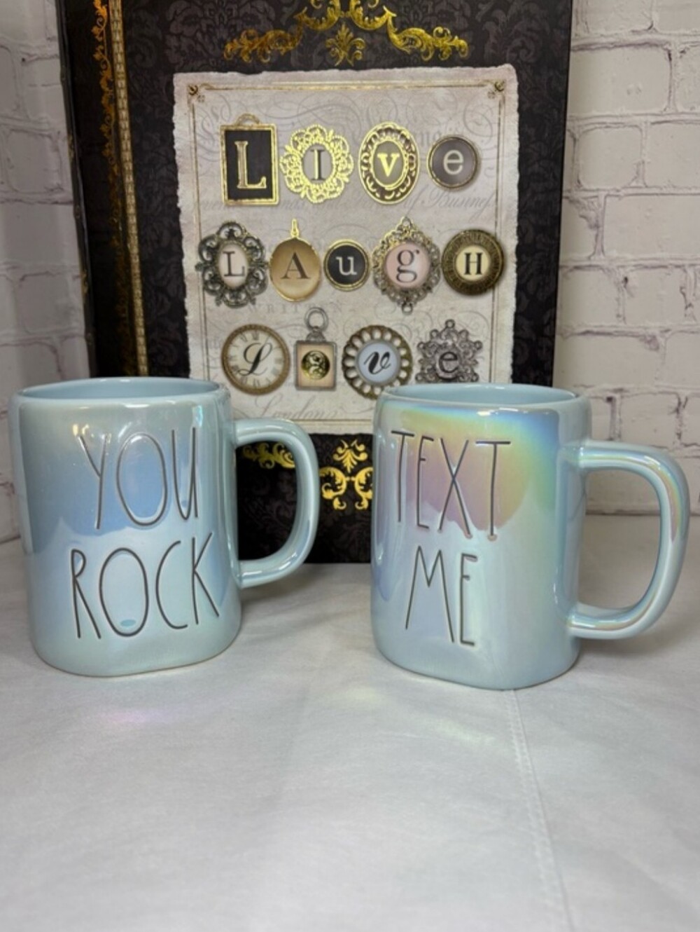 Rae Dunn Iridescent Light Blue You Rock / Text Me Ceramic Mug Set